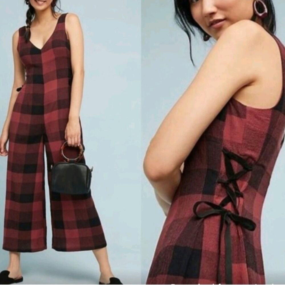 Ett:twa Anthropologie Plaid Wide Leg Jumpsuit Cinnamon Red & Black Size 2